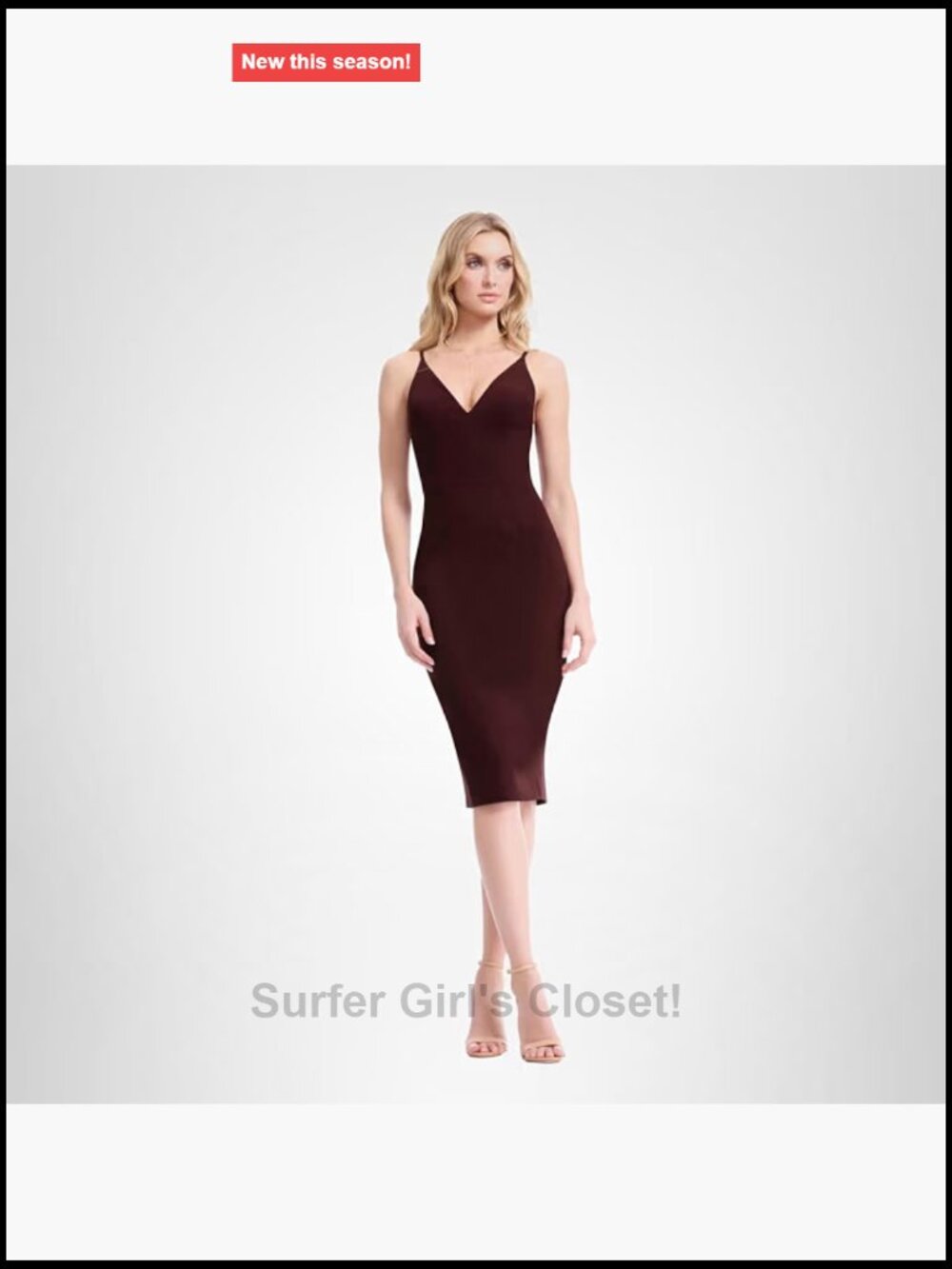 Sleeveless Plunging Fitted Midi Sheath Dress Burgundy Crepe